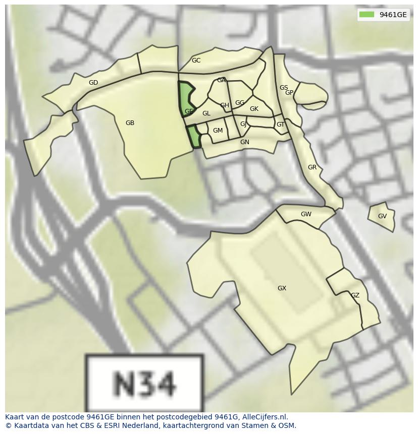 Afbeelding van het postcodegebied 9461 GE op de kaart.