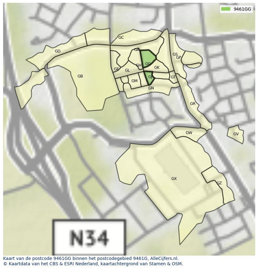 Afbeelding van het postcodegebied 9461 GG op de kaart.