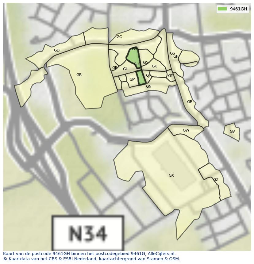 Afbeelding van het postcodegebied 9461 GH op de kaart.