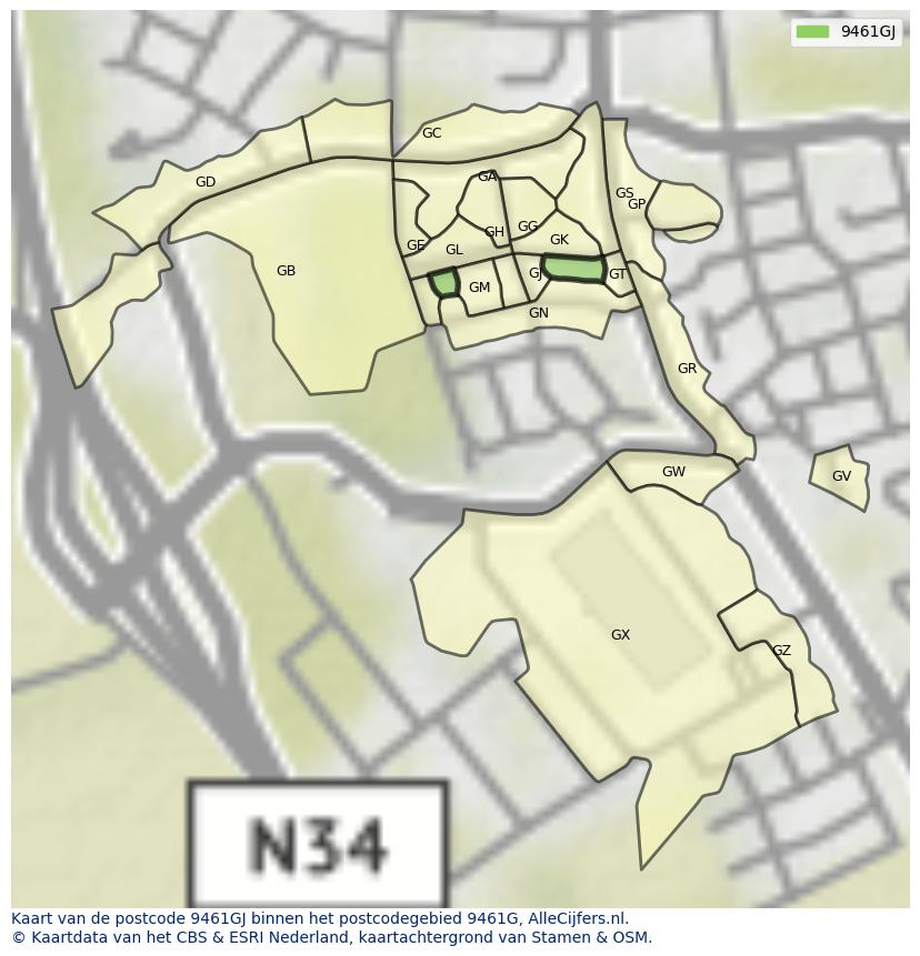 Afbeelding van het postcodegebied 9461 GJ op de kaart.