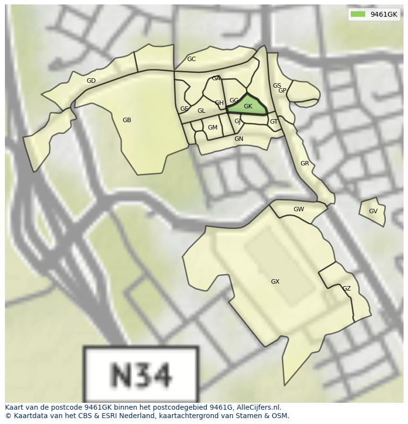 Afbeelding van het postcodegebied 9461 GK op de kaart.