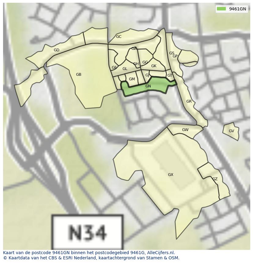 Afbeelding van het postcodegebied 9461 GN op de kaart.