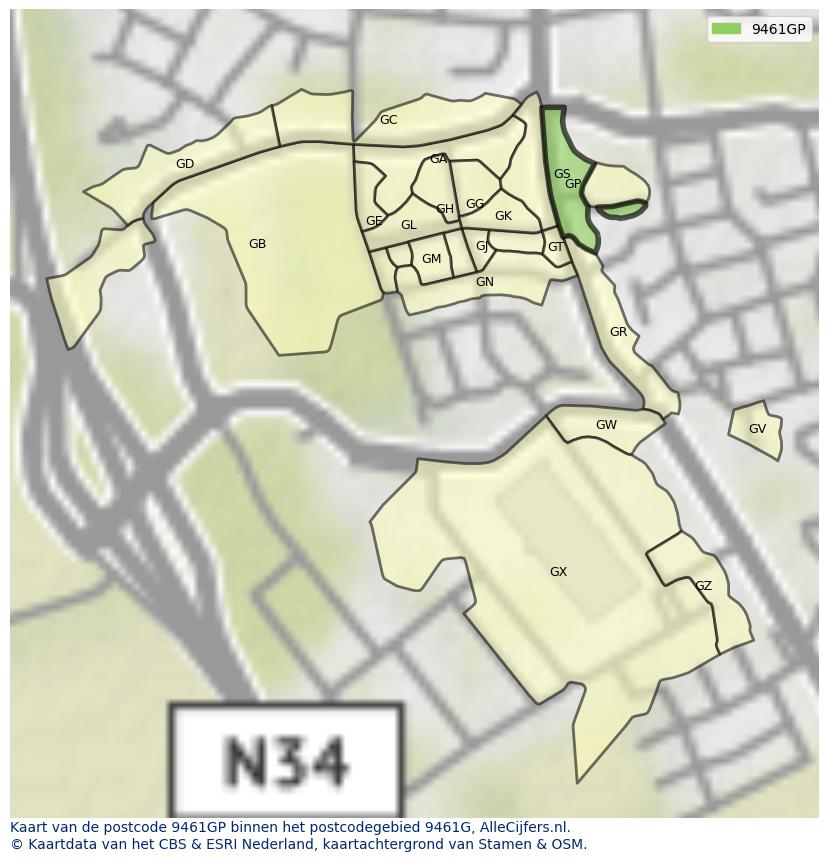 Afbeelding van het postcodegebied 9461 GP op de kaart.