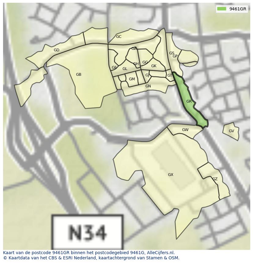 Afbeelding van het postcodegebied 9461 GR op de kaart.