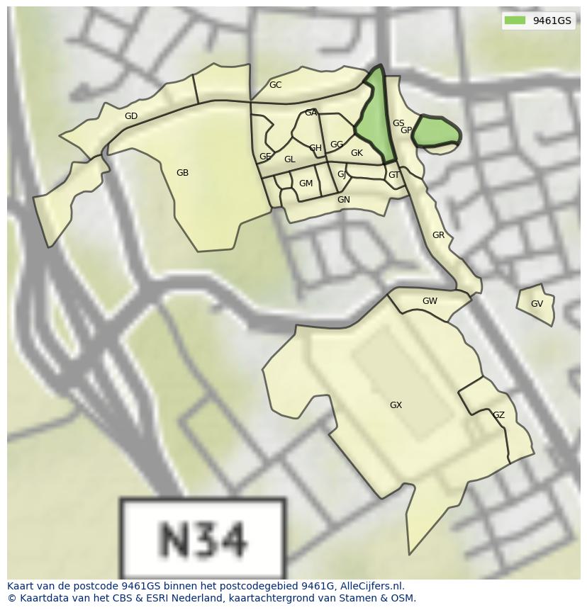 Afbeelding van het postcodegebied 9461 GS op de kaart.