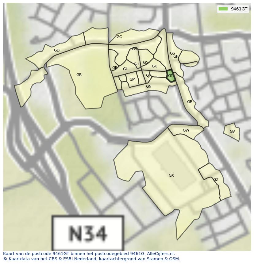 Afbeelding van het postcodegebied 9461 GT op de kaart.