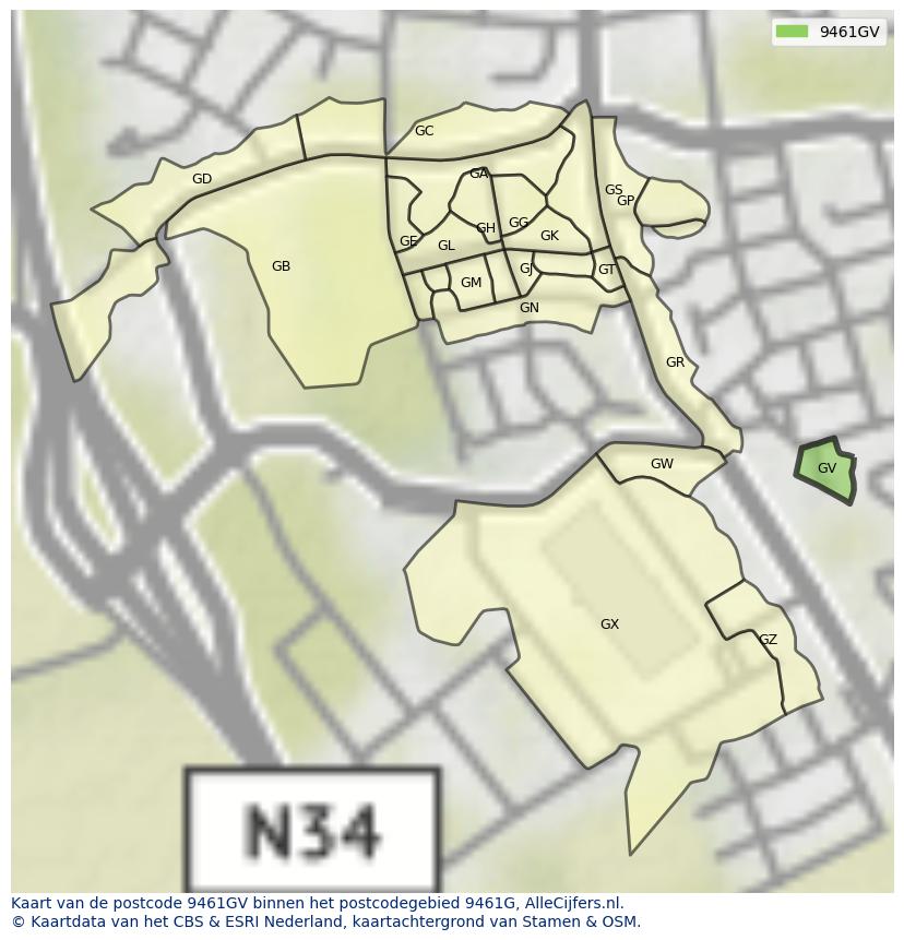 Afbeelding van het postcodegebied 9461 GV op de kaart.