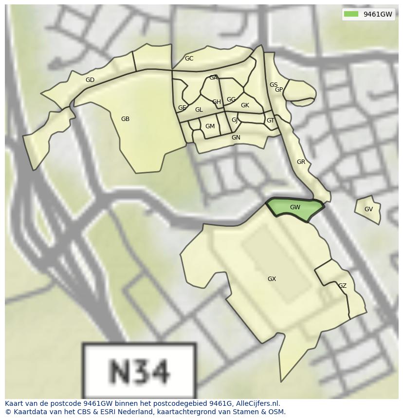 Afbeelding van het postcodegebied 9461 GW op de kaart.
