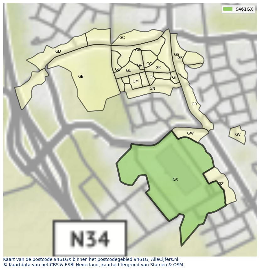 Afbeelding van het postcodegebied 9461 GX op de kaart.