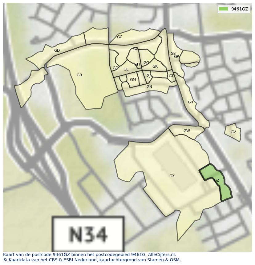 Afbeelding van het postcodegebied 9461 GZ op de kaart.