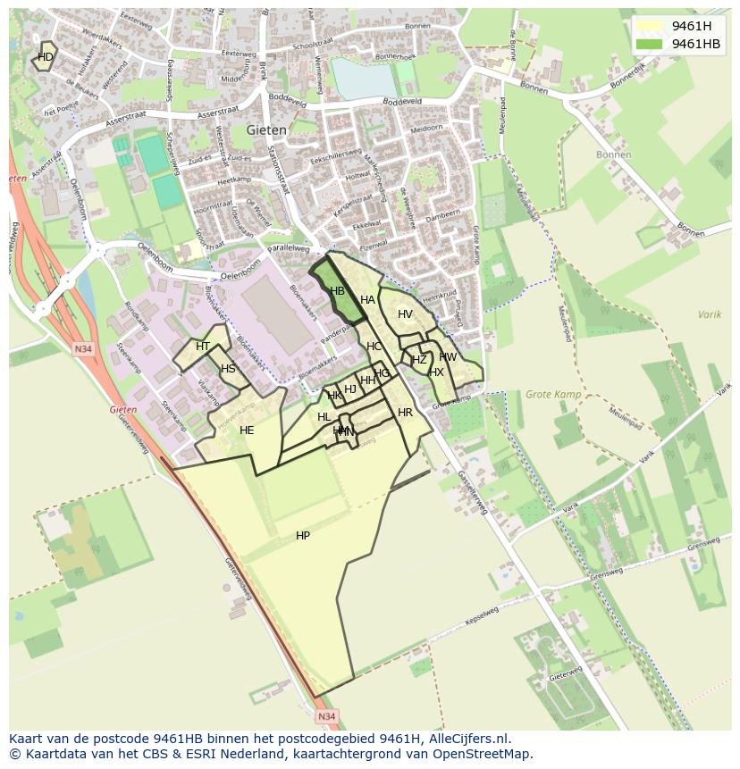 Afbeelding van het postcodegebied 9461 HB op de kaart.