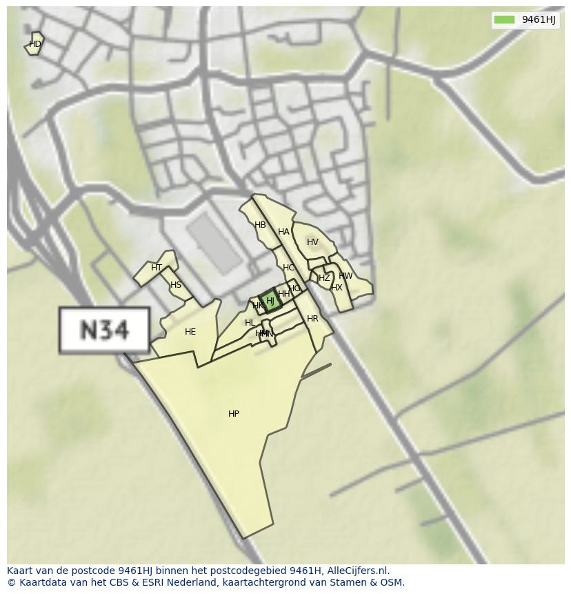 Afbeelding van het postcodegebied 9461 HJ op de kaart.