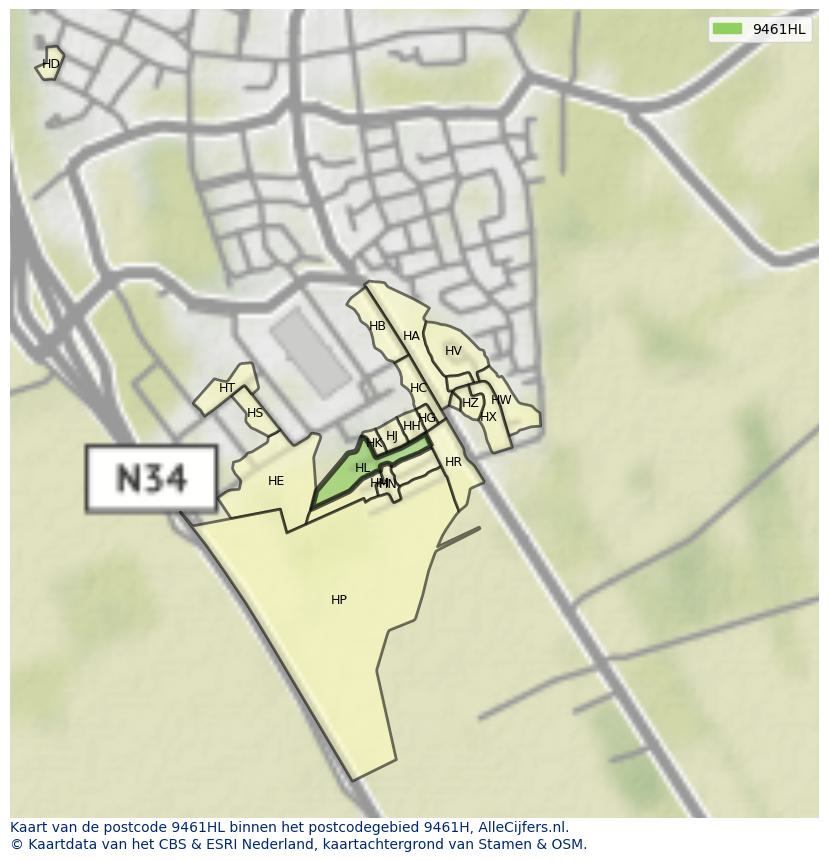 Afbeelding van het postcodegebied 9461 HL op de kaart.
