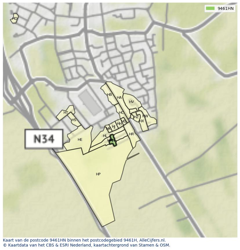 Afbeelding van het postcodegebied 9461 HN op de kaart.