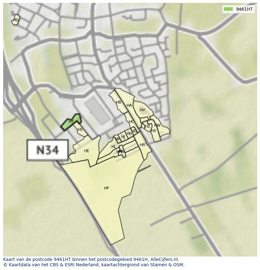 Afbeelding van het postcodegebied 9461 HT op de kaart.