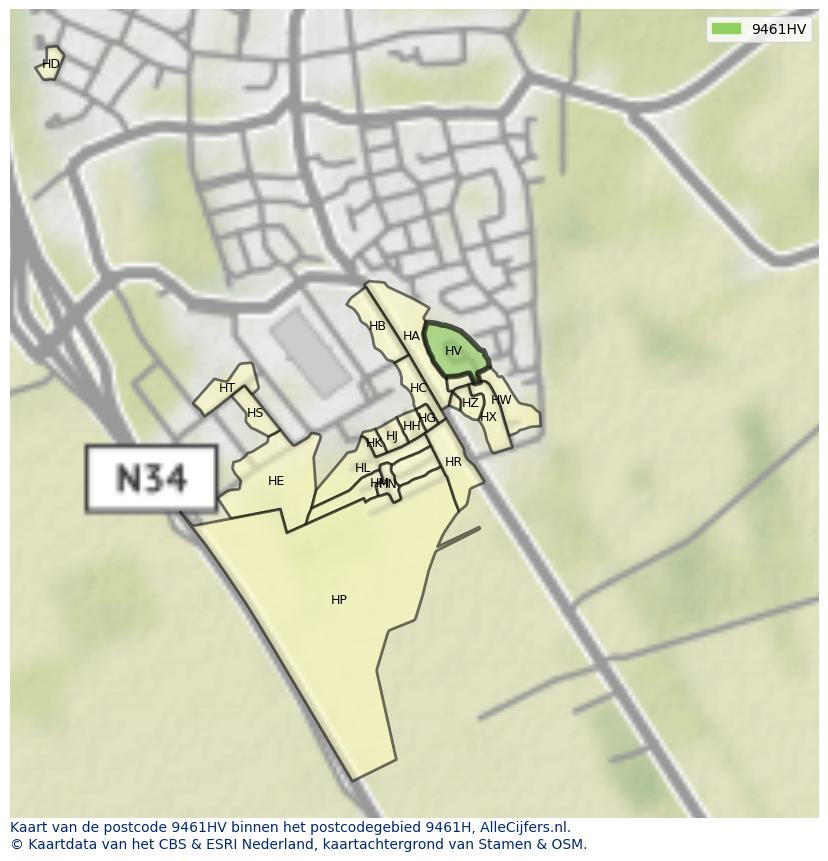 Afbeelding van het postcodegebied 9461 HV op de kaart.