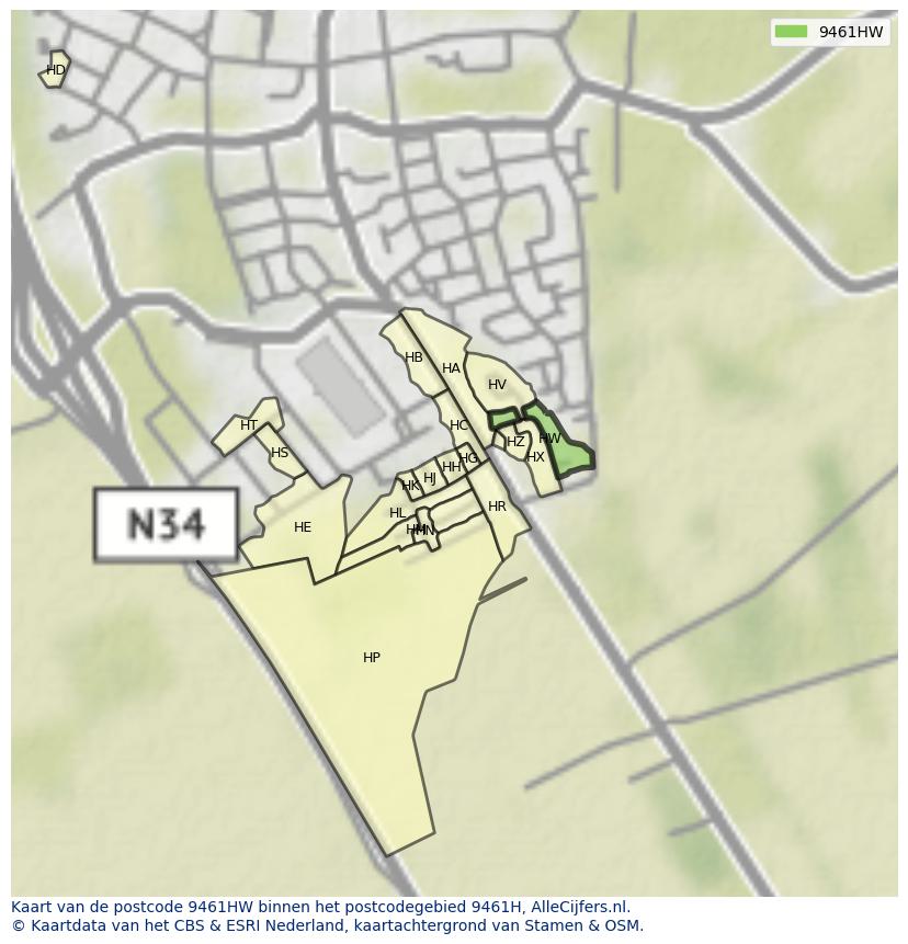 Afbeelding van het postcodegebied 9461 HW op de kaart.