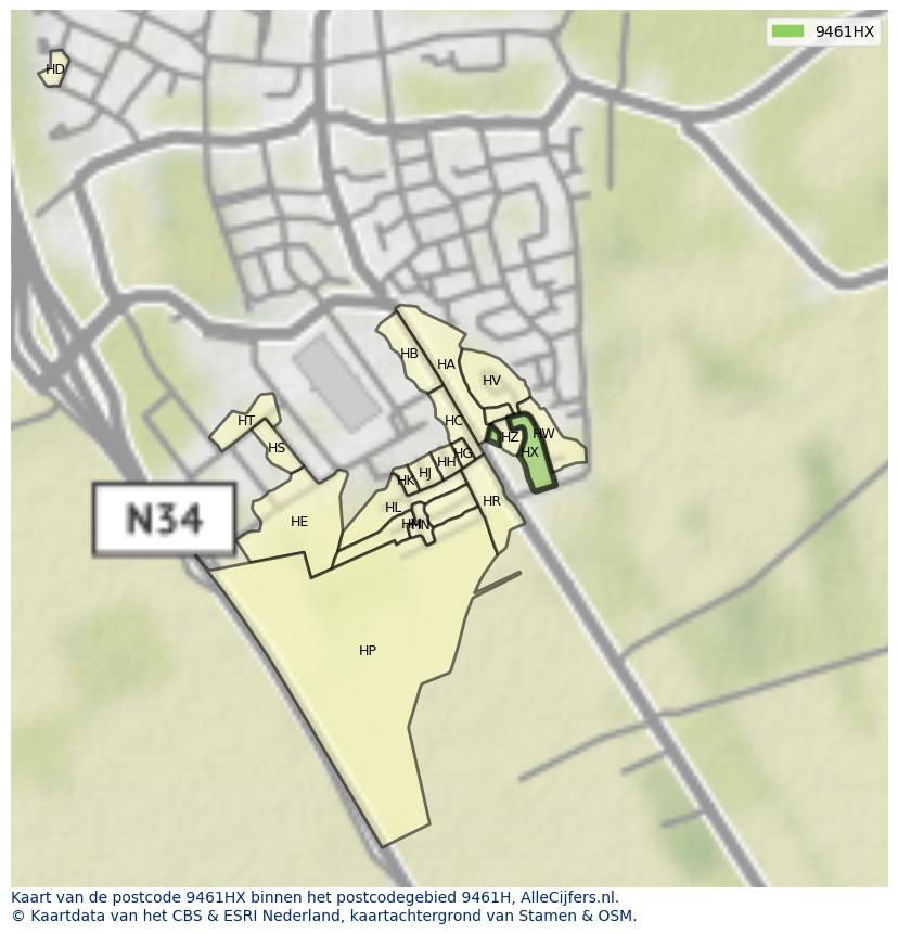 Afbeelding van het postcodegebied 9461 HX op de kaart.