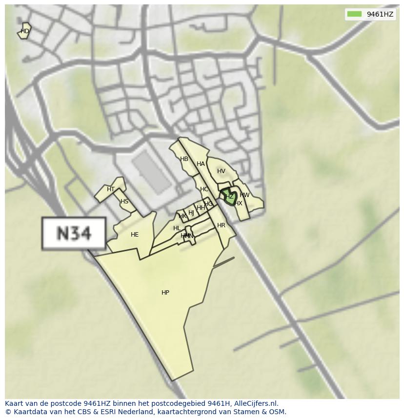 Afbeelding van het postcodegebied 9461 HZ op de kaart.