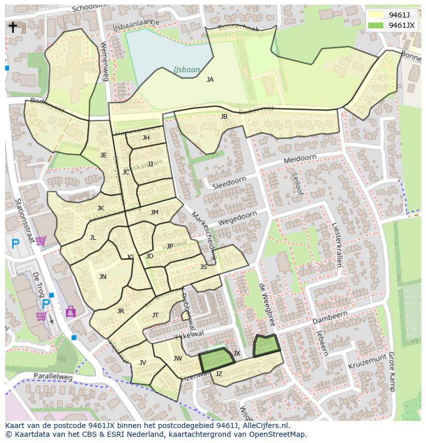 Afbeelding van het postcodegebied 9461 JX op de kaart.