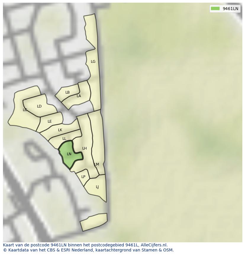 Afbeelding van het postcodegebied 9461 LN op de kaart.