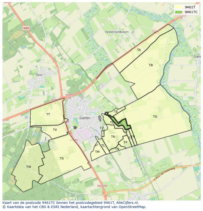 Afbeelding van het postcodegebied 9461 TC op de kaart.