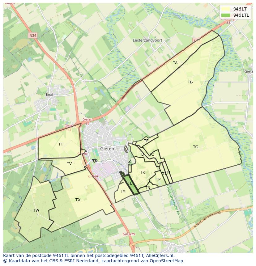 Afbeelding van het postcodegebied 9461 TL op de kaart.