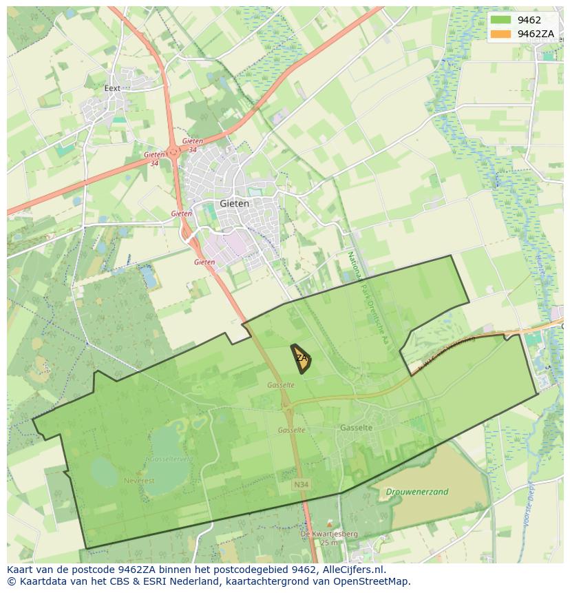 Afbeelding van het postcodegebied 9462 ZA op de kaart.