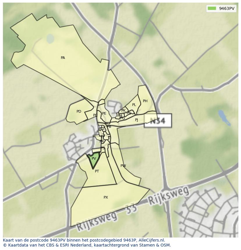 Afbeelding van het postcodegebied 9463 PV op de kaart.