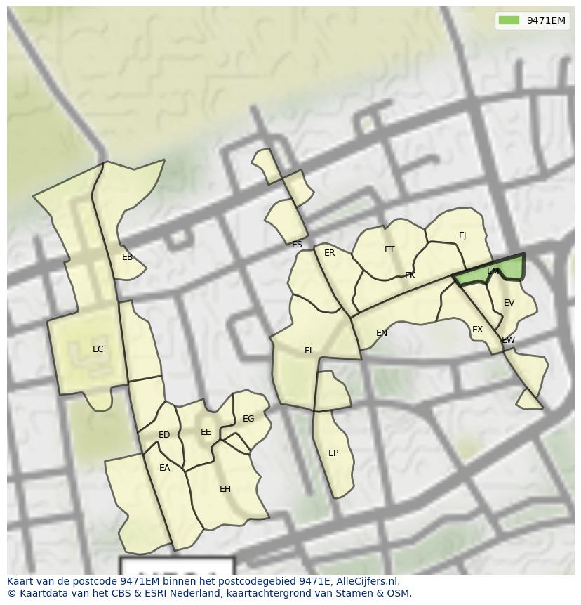 Afbeelding van het postcodegebied 9471 EM op de kaart.