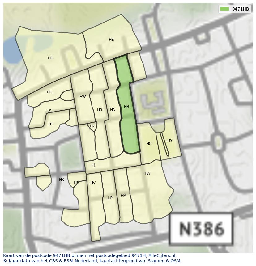 Afbeelding van het postcodegebied 9471 HB op de kaart.
