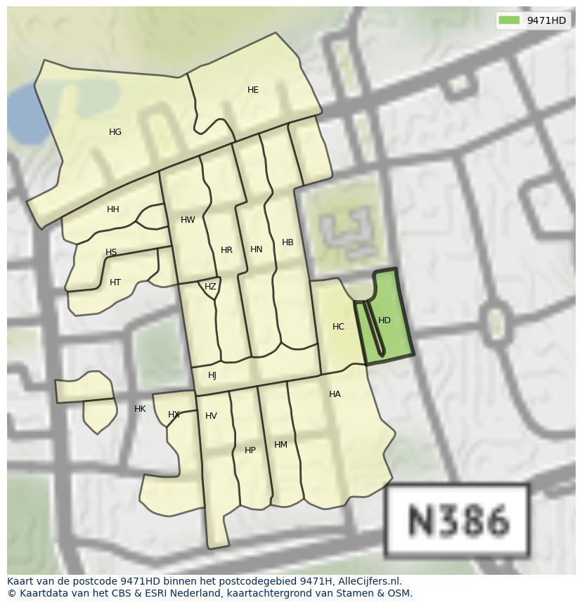 Afbeelding van het postcodegebied 9471 HD op de kaart.