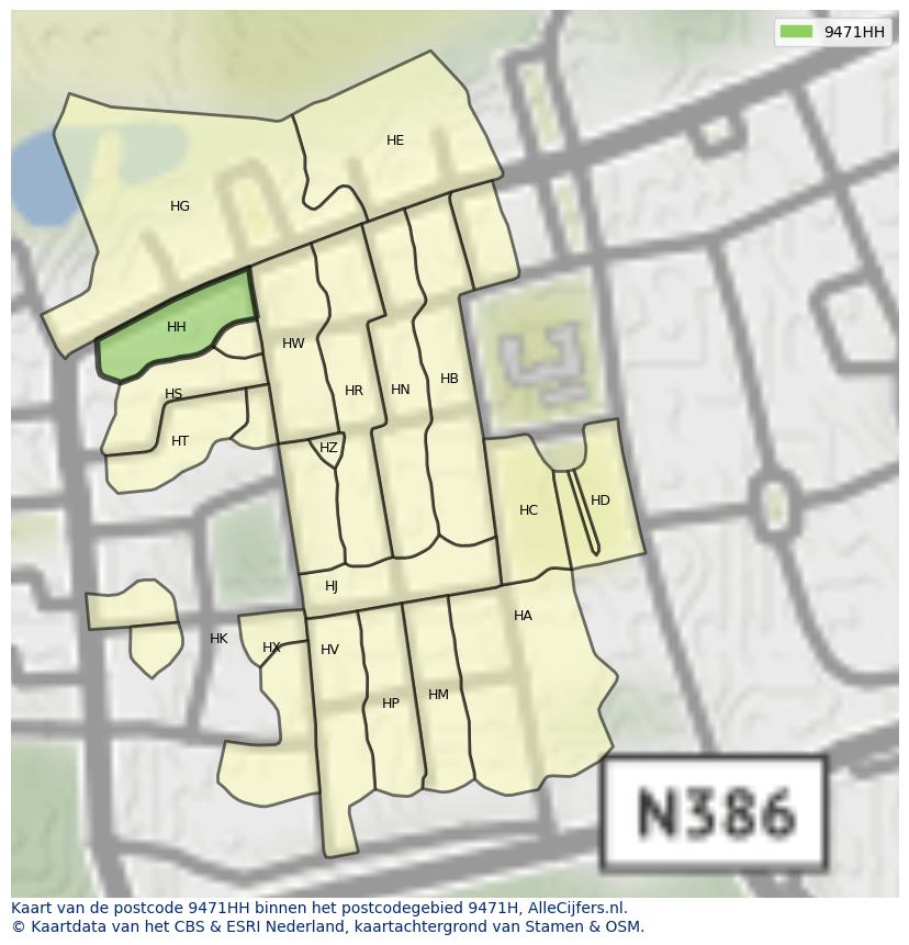 Afbeelding van het postcodegebied 9471 HH op de kaart.