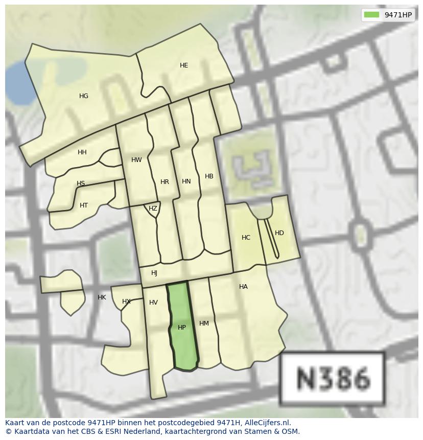 Afbeelding van het postcodegebied 9471 HP op de kaart.