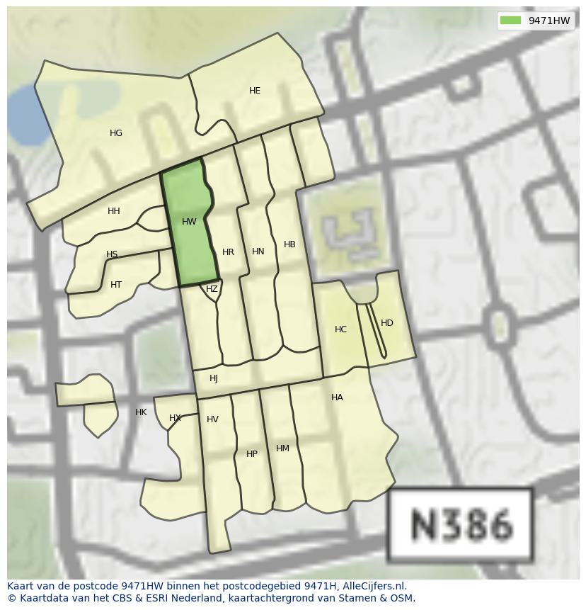Afbeelding van het postcodegebied 9471 HW op de kaart.
