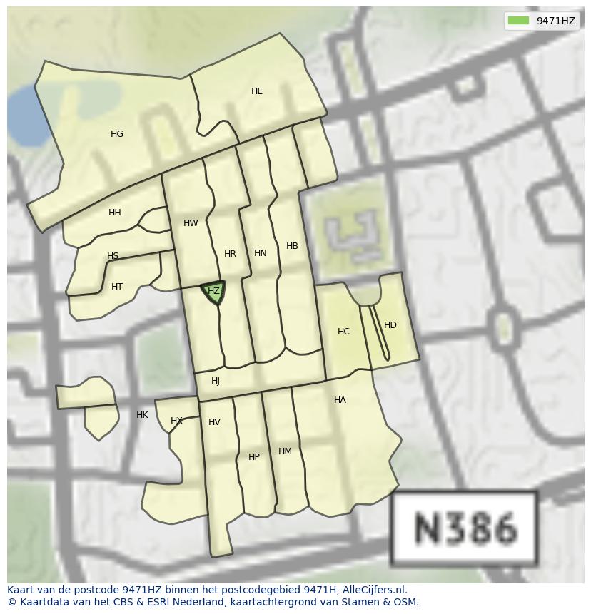 Afbeelding van het postcodegebied 9471 HZ op de kaart.