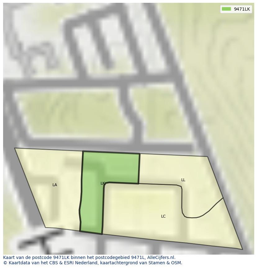 Afbeelding van het postcodegebied 9471 LK op de kaart.