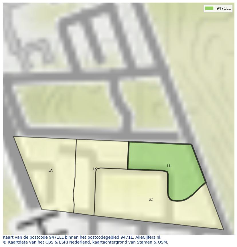 Afbeelding van het postcodegebied 9471 LL op de kaart.