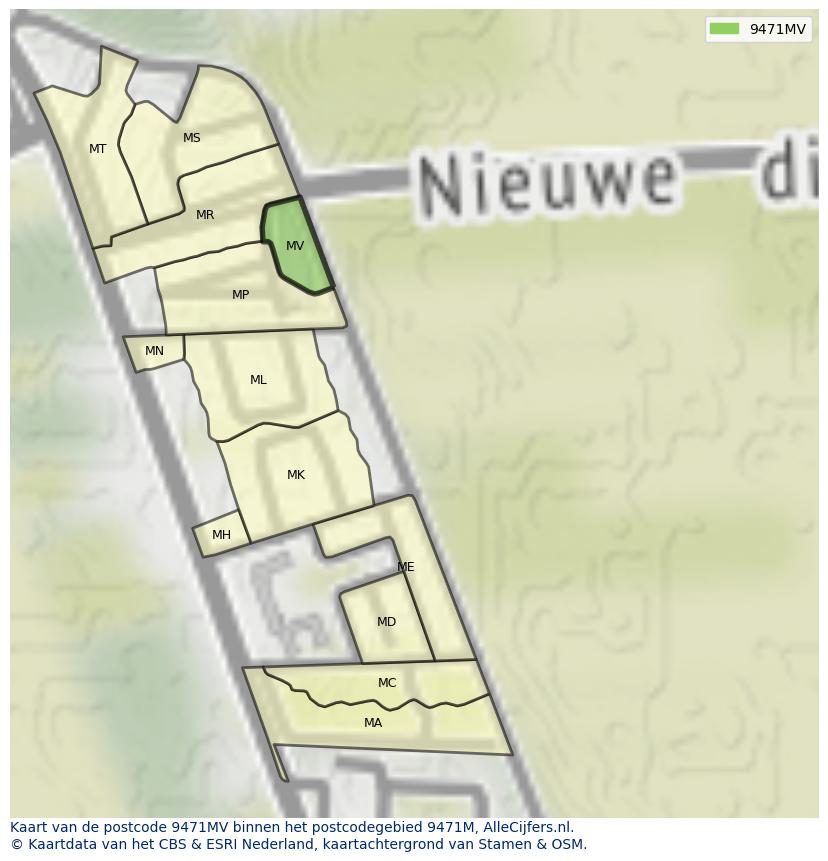 Afbeelding van het postcodegebied 9471 MV op de kaart.