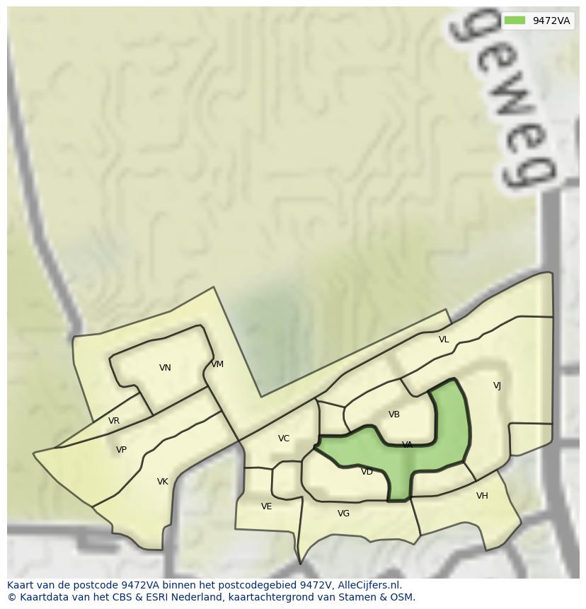 Afbeelding van het postcodegebied 9472 VA op de kaart.