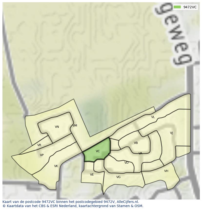 Afbeelding van het postcodegebied 9472 VC op de kaart.