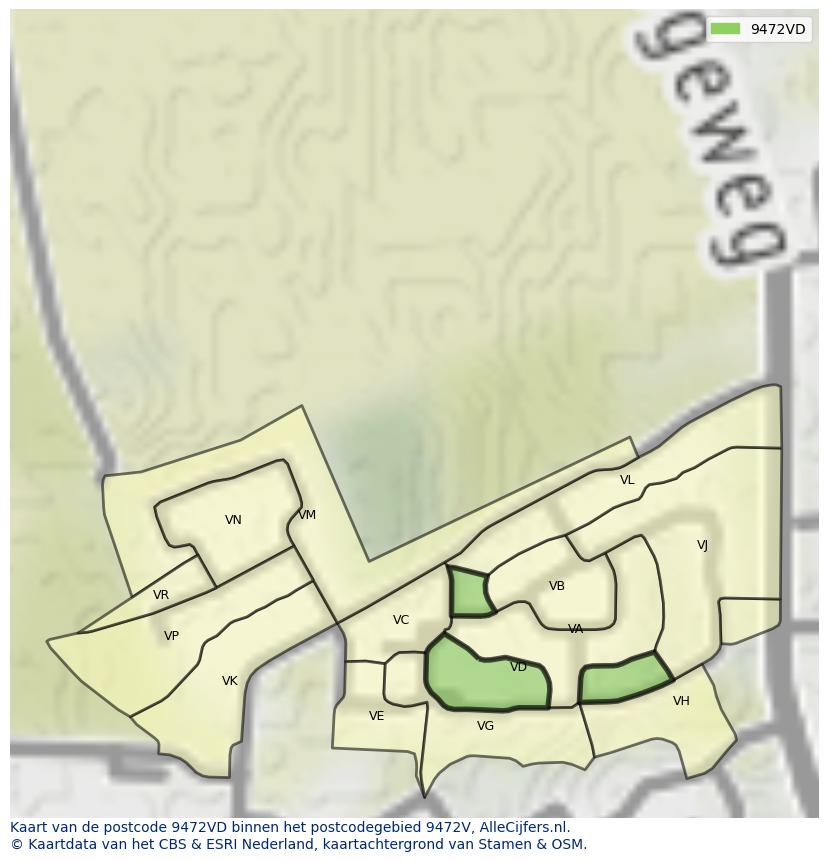 Afbeelding van het postcodegebied 9472 VD op de kaart.