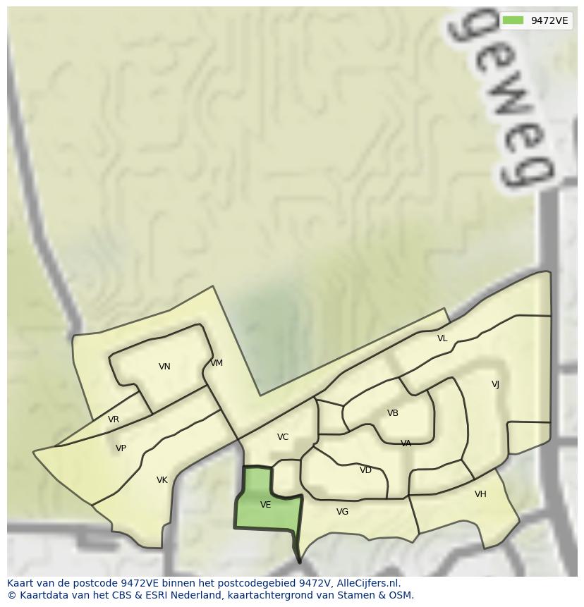 Afbeelding van het postcodegebied 9472 VE op de kaart.