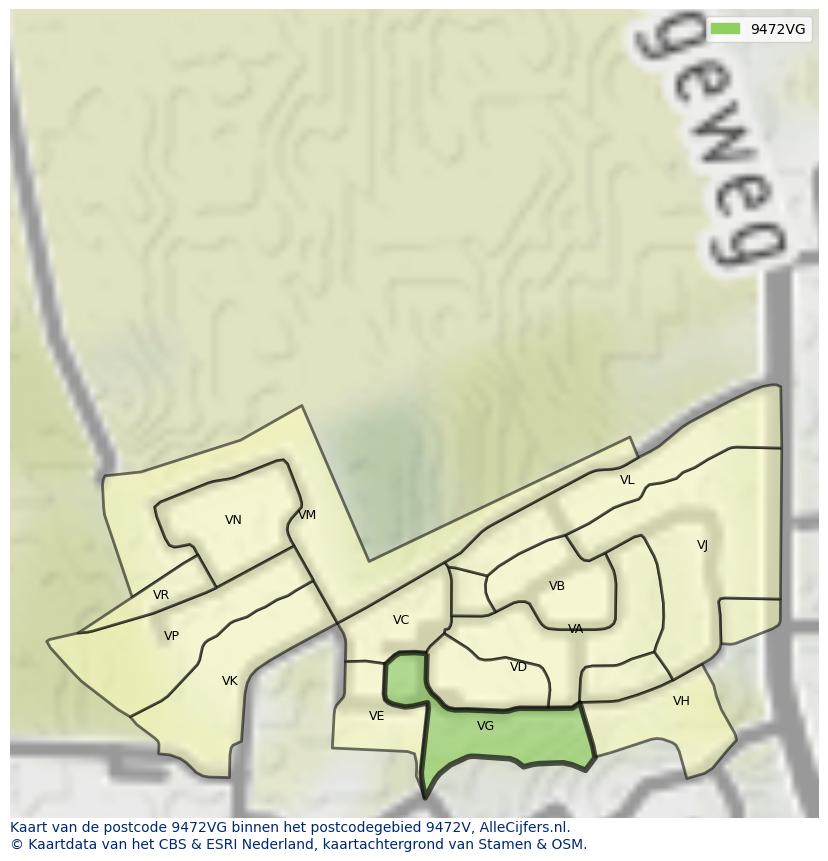 Afbeelding van het postcodegebied 9472 VG op de kaart.