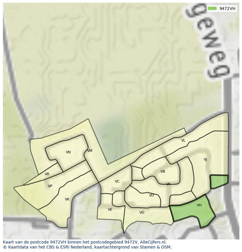 Afbeelding van het postcodegebied 9472 VH op de kaart.