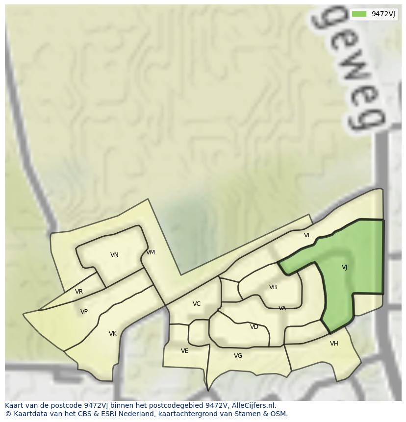 Afbeelding van het postcodegebied 9472 VJ op de kaart.