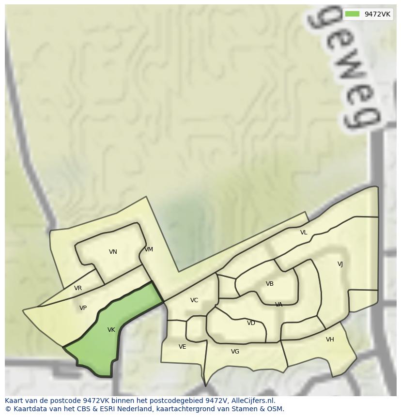 Afbeelding van het postcodegebied 9472 VK op de kaart.