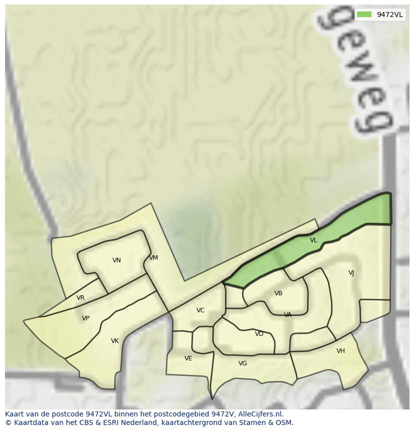 Afbeelding van het postcodegebied 9472 VL op de kaart.