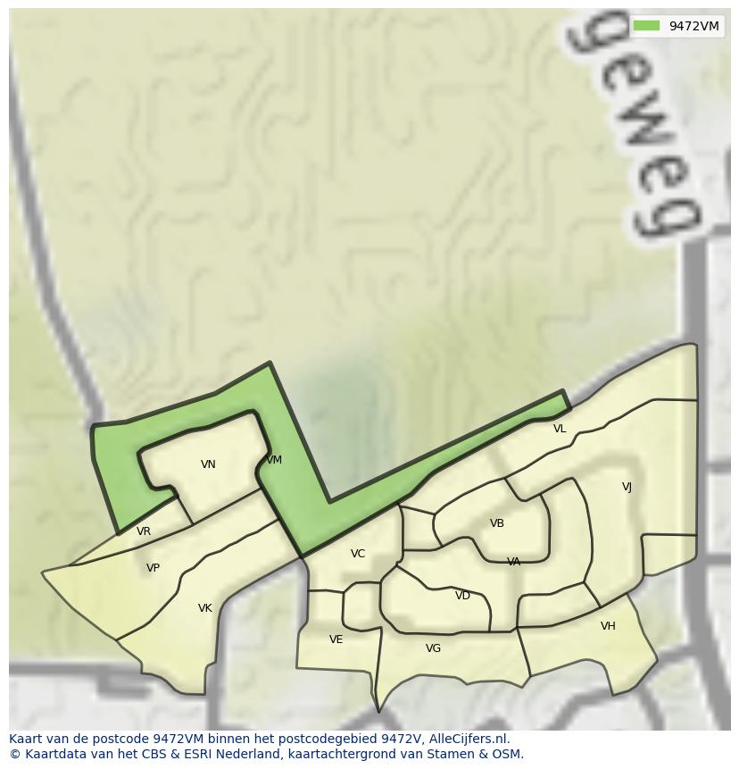 Afbeelding van het postcodegebied 9472 VM op de kaart.