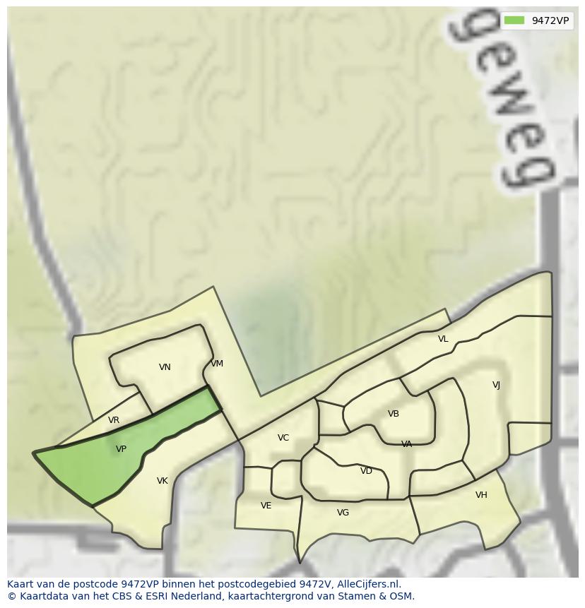 Afbeelding van het postcodegebied 9472 VP op de kaart.
